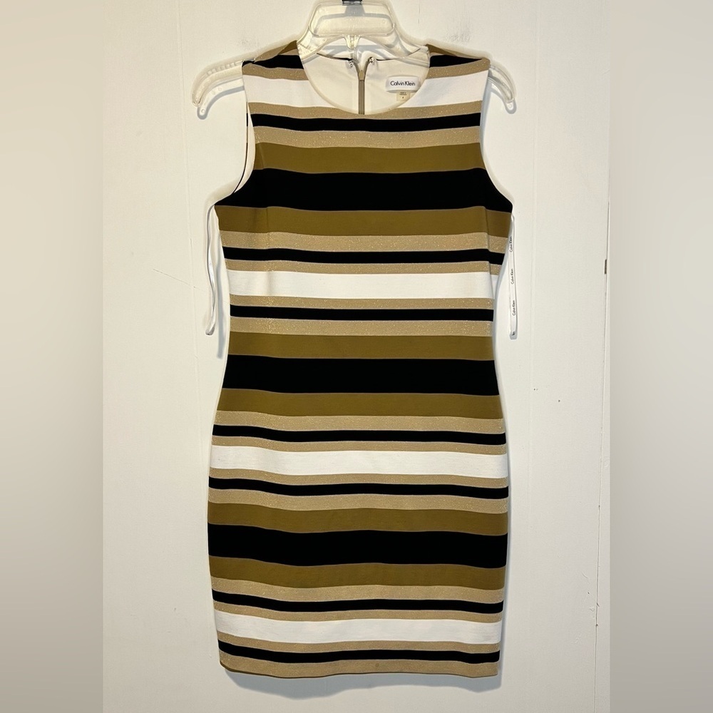 Calvin Klein Sleeveless Zip Up Back Hook & Eye Striped MIDI Knee Length 072726